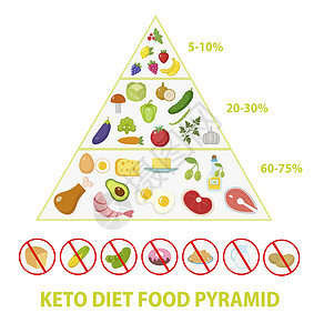 高脂饮食生酮饮食宏金字塔食物图低碳水化合物高健康发损失南瓜蔬菜图表重量酮类勺子猪肉种子化合物插画
