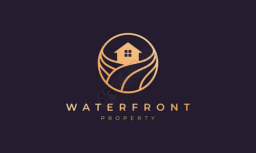 投资公司三折页金金线的公寓徽标 房屋以圆形和海浪为圆形插画