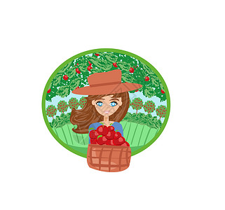 草莓果园苹果采摘标志 甜美的有苹果的女孩插画