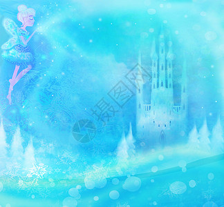 魔法袍飞在城堡上方的仙子白色降雪量雪花魔法天气星星庆典房子森林蓝色背景