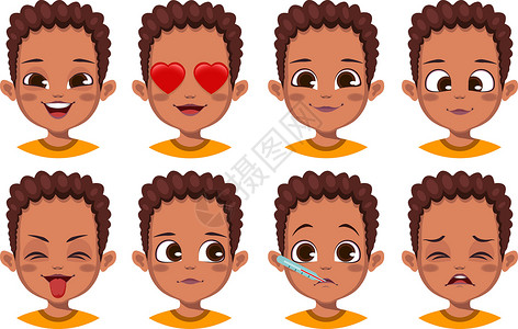 聊天表情贴纸的孩子具有不同面部表达式组合的非洲可爱男孩青少年男生惊喜男性卡通片情感孩子快乐表情童年插画