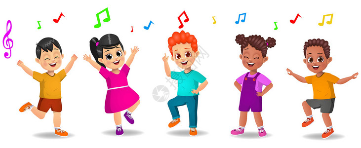 可爱的小孩一起跳音乐卡通片快乐派对微笑男孩们舞蹈插图学生唱歌女性背景图片