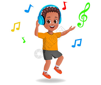 儿童男生戴着耳机听音乐跳舞听音乐的可爱男孩艺术白色男生耳机卡通片韵律器乐享受插图旋律插画