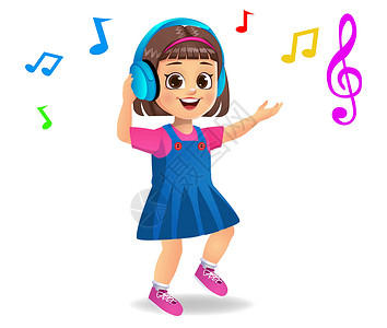 儿童男生戴着耳机听音乐跳舞听音乐的可爱女孩孩子音乐旋律闲暇插图技术爱好白色女士卡通片插画