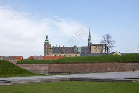 赫尔辛格丹麦Kronborg城堡建筑学历史蓝色纪念碑堡垒砖块吸引力地标历史性村庄背景