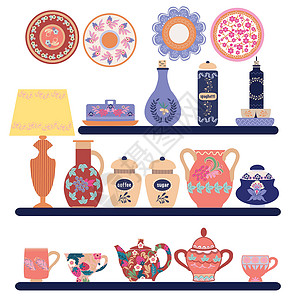 仿瓷餐具收集美丽陶瓷和瓷瓷器家用器具插画