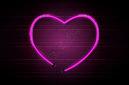 深砖墙背景上的心光亮尼恩粉色管 矢量说明背景图片