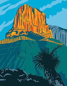 托雷斯德尔佩恩国家公园瓜达卢佩山国家公园与埃尔卡皮坦峰得克萨斯州美国 WPA 海报艺术科洛插画