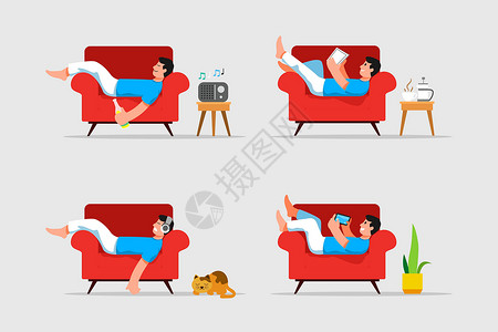 躺在沙发的人躺在沙发上放松的人矢量图插画