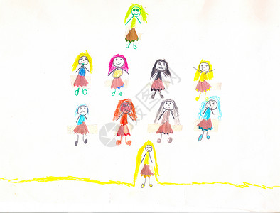 十个不同头发和裙子的女孩儿童画朋友玩具孩子彩虹女性铅笔联盟蓝色孩子们衬衫背景图片