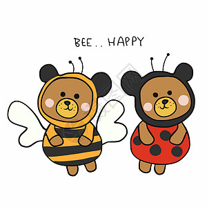 两只蜜蜂棕熊穿着蜜蜂和小青鸟甲虫卡通矢量插图插画