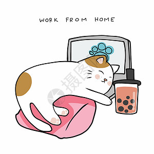 猫和冰淇凌在家工作 睡在笔记本电脑上和喝冰泡奶茶卡通漫画矢量插图插画