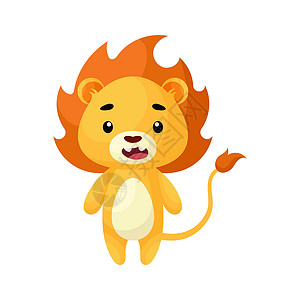挑起来小狮子白色背景上的可爱小狮子 儿童卡片的卡通动物角色婴儿送礼会海报生日邀请服  Ecartoon 风格的鲜艳的幼稚矢量插图插画