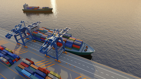 数字港口港口起重机在港口的一艘货轮上装载集装箱 高视距 数字3D转换船运空间贮存贸易加载航海后勤货物血管高架背景