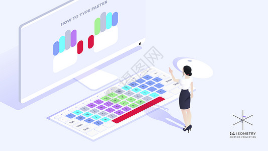 梯度电脑矢量图等距矢量图 说明如何更快打字的教育材料 快速打字的概念职场开发商教学插图学习意义编程电脑办公室网络背景