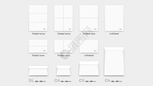 带 A4 纸张空白的多数信封指南 矢量模板文档尺寸小样阴影身份邮件白色品牌商业公司背景图片