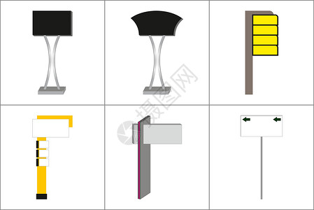 外部和内部寻路标牌系统购物中心广告办公室飞机场工地曲线控制板小样设计建造插画
