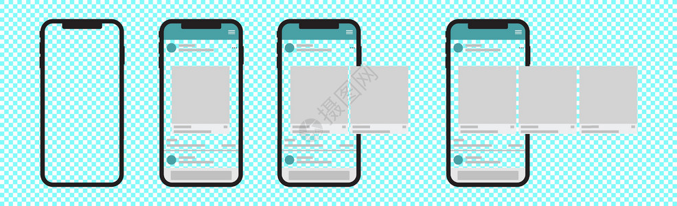手机素材空白社交媒体移动应用程序页面模板 轮播帖子社会技术空白框架丝带用户摄影故事嘲笑插图插画