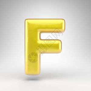 白色背景上的大写字母 F 具有光滑金属表面的黄色汽车油漆 3D 字母背景图片