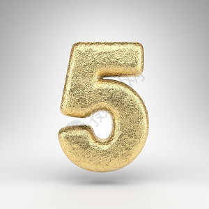 多嘴的白色背景上的数字 5 具有光泽金属质感的折痕金箔 3D 数字背景