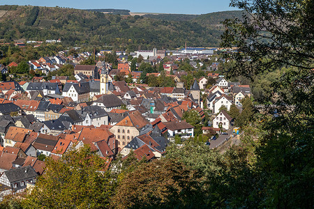 从城市Meesenheim的Juche望角处的高角度视图天空建筑教会地标绿色城堡教堂观光风景蓝色背景图片