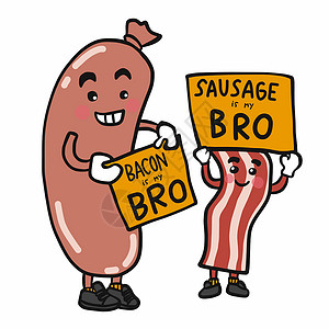 法兰克福肠它制作图案香肠和培根兄弟卡通矢量插画