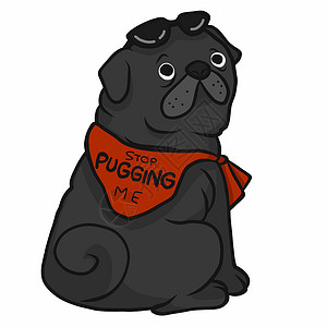 胖脸狗别再用红围巾打我字了黑色胖哈巴狗卡通矢量它制作图案插画