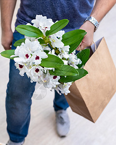 购物袋中的白丁香兰花;背景