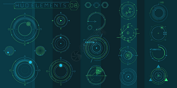 一套未来界面的氢氟烷烃环形元素电子产品造型科学插图雷达电脑图表显示器数据信息插画