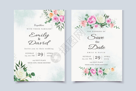 与美丽的鲜花花红的婚礼邀请卡背景图片