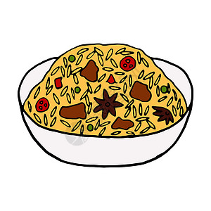 手绘一碗肉矢量手绘涂鸦 biryani 印度菜菜 菜单咖啡馆标签和包装的设计草图元素 白色背景上的彩色插图设计图片