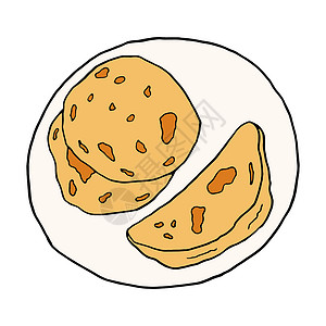 皮塔面包哈马斯矢量手绘涂鸦烤饼 印度菜菜 菜单咖啡馆标签和包装的设计草图元素 白色背景上的彩色插图插画