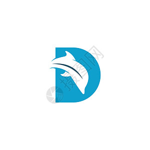 海豚与字母 D 标志图标设计概念向量模板游泳圆圈潜水哺乳动物海浪酒店插图商业尾巴公司背景图片