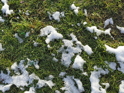 德国冬季在绿草地上的雪残留物雪帽白色绿色季节性背景图片