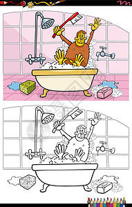 卡通淋浴卡通搞笑猴子在洗澡着色书 pag插画