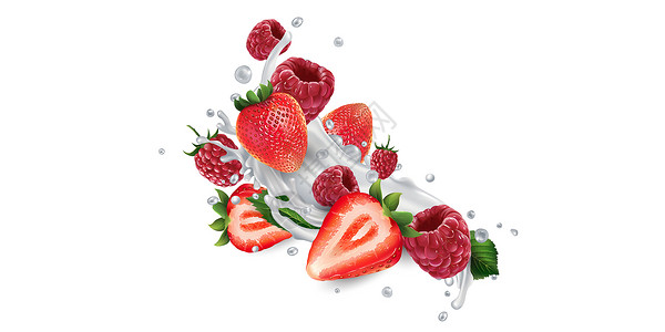 喷洒酸奶或牛奶的草莓和浆果广告奶制品液体飞溅维生素产品厨房鞭打插图甜点背景图片