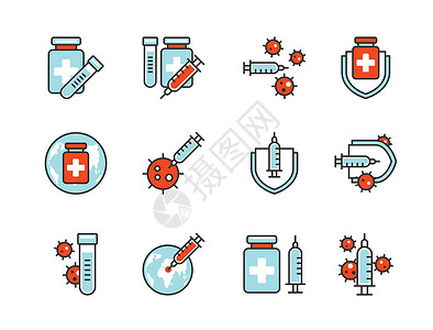 武汉四环线Covid-19疫苗图标设置了彩色线样式 Websit 印刷品 贴纸 标语 海报的签名和符号插画