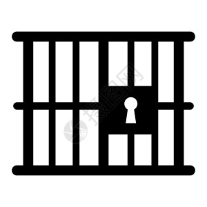 刑事监狱或监狱剪影符号 带栏杆和锁的金属笼子 犯罪司法或惩罚图标 孤立在白色背景上的矢量黑色形状插画