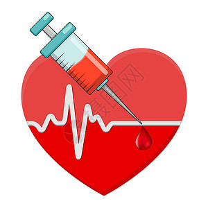 大便带血心跳和带血滴的注射器 红色的心形 里面有疫苗 在白色背景上隔离的矢量图标插画