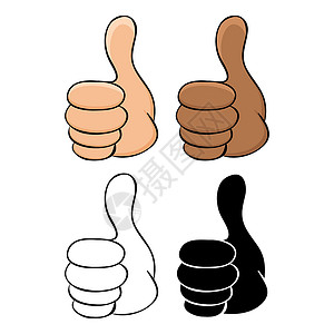比大拇指竖起大拇指不同肤色的卡通图标-美国非洲人 还有轮廓和剪影设计 接受和批准符号集合 非常适合角色手势表达 例如 OK 或 yes设计图片