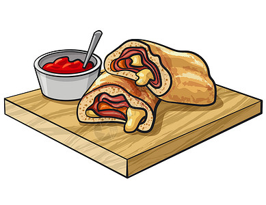 斯特龙博利火山切片比萨饼早餐食物小吃午餐晚餐美食面包蔬菜火腿脆皮插画