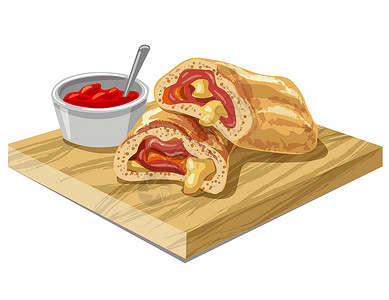 斯特龙博利火山比萨饼食物晚餐小吃早餐面团午餐脆皮面包蔬菜美食插画