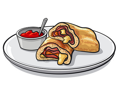 斯特龙博利火山切片比萨饼晚餐盘子面包面团香肠美食火腿午餐脆皮小吃插画
