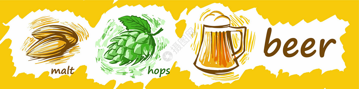 麦芽啤酒在白色背景上绘制酿酒工具包插画