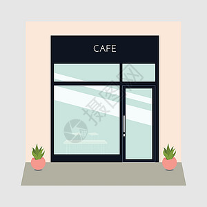 矢量详细的平面设计咖啡馆门面 店铺外观插图建筑建筑学反射精品入口玻璃卡通片房子市场背景图片