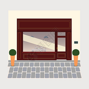 矢量详细的平面设计咖啡馆门面 店铺外观建筑学房子市场建筑插图反射奢华入口窗户玻璃背景图片