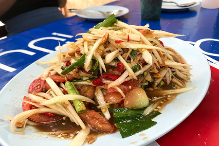 泰国东北部食品 木薯沙拉餐厅美食文化午餐盘子糯米饭饮食食物木瓜辣椒背景图片