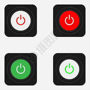 一组 4 个黑色背景的开关滑块式电源按钮特写按钮用红色圆圈包围 打开按钮用绿色圆圈包围界面技术网站插图电脑导航圆形电子力量信号背景图片