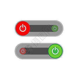  切换一组 2 个 On Off 开关切换 - 带灰色背景圆形的滑块式电源按钮On 按钮用绿色圆圈包围 Off 按钮用软白色背景的红色插画