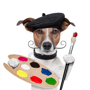 拿着画笔狗画家艺术家狗胡子染料工作宠物导演绘画工具动物水彩调色板背景